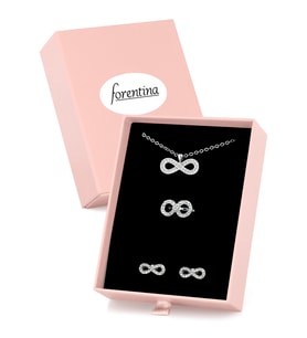 Forentina Gümüş Kaplama Sonsuzluk Kolye Küpe Yüzük Pembe Kutuda Hediye Set PS3455