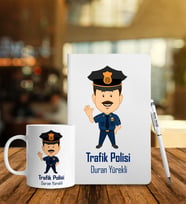 Kişiye Özel Trafik Polisi Tasarımlı Beyaz Defter Kalem & Kupa Hediye Seti