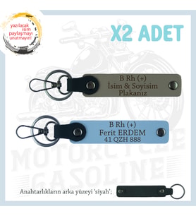 Motosiklet Aşıkları İçin İsim Plaka ve B Rh (+) Kan Grubu Yazılı x2 Anahtarlık Set, Kül Gri-Mavi-Syh