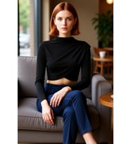 Kadın Bordo Dik Yaka Drapeli Anvelop Kapanışlı Asimetrik Siluetli Uzun Kollu Super Crop Örme Bluz
