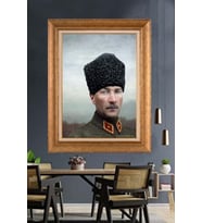 Altın Varaklı Çerçeveli Paspartulu Atatürk Tablo nh479 (Gold)