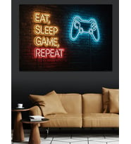 Eat Sleep Game Repeat Neon Yazı Dekoratif Kanvas - Mdf Ahşap Tablo