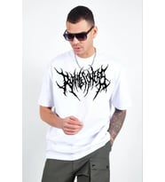 pilelistore- Unisex Bisiklet Yaka Baskılı Oversize T-Shirt - Beyaz