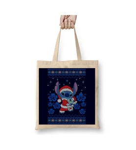 Stitch and Lilo Christmas Knit Yılbaşı Beyaz Bez Çanta Uzun Saplı Alışveriş Çantası
