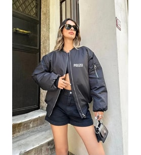 Unisex Uzun Kol Baskılı Bomber Ceket - Siyah
