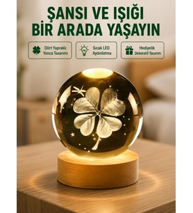 Yonca Figürlü Cam Küre USB Işıklı Ahşap Tabanlı Dekoratif Masa Lambası