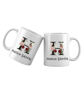 H Harfli Kişiye Özel İsimli Porselen Kupa Bardak – Çiçekli Monogram Harf Tasarımlı İsim Yazılı Kişiselleştirilebilir Hediye Kupa (Beyaz)