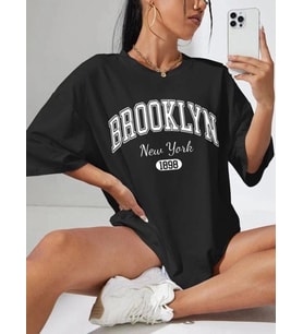 Kadın Brooklyn New York Baskılı Oversize Tshirt