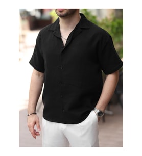 Erkek Relax Fit Kısa Kollu Keten Gömlek (Siyah)
