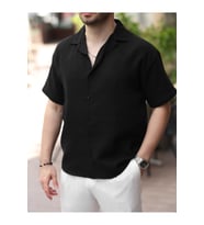 Erkek Relax Fit Kısa Kollu Keten Gömlek (Siyah)