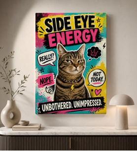 BK Gift Side Eye Energy Yazılı Zincir Kolyeli Tekir Kedi Pop Art Renkli Kanvas Duvar Tablosu 50x70 cm