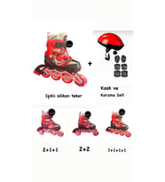 Işıklı Çocuk Pateni Ayarlanılabilir Silikon Tekerli Frenli Metal Gövdeli Paten Ve Kask Dizlik Set 30-33 (Kırmızı)