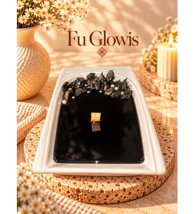 FU GLOWIS Büyük Dikdörtgen Tabakta El Yapımı Lüks Mum – Amber & Vanilya 17x26 cm Dekoratif Tasarım