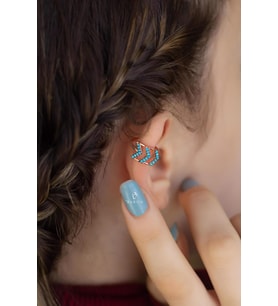 Yuvarlak Mavi Firuze Taşlı  Ok Model 925 Ayar Halka Gümüş Kıkırdak Küpe Earcuff