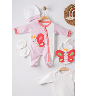 Kelebek Nakışlı Puanlı Tulumlu % 100 Pamuk Kız Bebek 5'li Set (Nar Çiçeği)