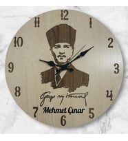 Kişiye Özel İsimli Atatürk Portreli Duvar Saati  Öğretmenler Günü Ahşap Ofis Hediyesi  40 cm (Açık Ceviz)