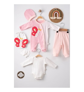 3 Ay Kelebek Nakışlı Puanlı Tulumlu Kız Bebek 5'li Set Pembe