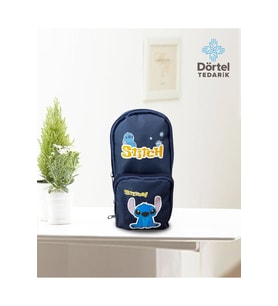 Stitch Baskılı Kalem Çantası Lacivert Geniş Hazneli Çok Bölmeli Kalem Kutu