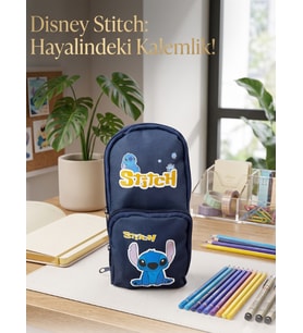 Stitch Baskılı Kalem Çantası Lacivert Geniş Hazneli Çok Bölmeli Kalem Kutu