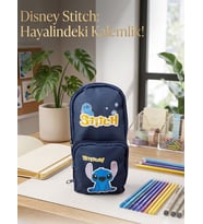Stitch Baskılı Kalem Çantası Lacivert Geniş Hazneli Çok Bölmeli Kalem Kutu