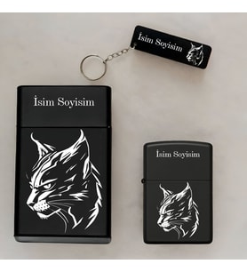Kedi Desenli Kişiye Özel İsimli Çakmak,Metal Tabaka ve Anahtarlık Seti - 3'lü Hediye Set SMP41
