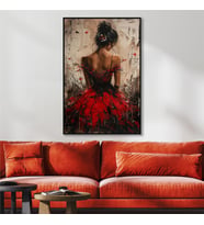 Yağlı Boya Dokulu Tablo Modern Kırmızı Elbiseli Sırtı Dönük Kadın Siyah Çerçeveli U05009