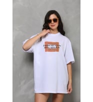 Unisex Bisiklet Yaka Baskılı Oversize T-Shirt - Beyaz