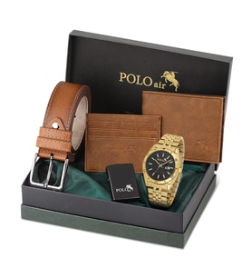 Polo Air Mercek Takvimli Erkek Kol Saati Cüzdan Kemer Kartlık Çakmak Kombin Taba Renk PL-0987E5 (Sarı-Siyah)