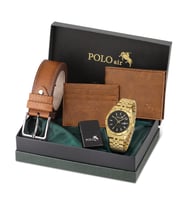 Polo Air Mercek Takvimli Erkek Kol Saati Cüzdan Kemer Kartlık Çakmak Kombin Taba Renk PL-0987E5 (Sarı-Siyah)