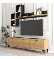 MOXEN MT2 MİRA DUVAR RAFLI TV SEHPASI - KİTAPLIKLI TV ÜNİTESİ MODERN  SEPET-BENDİR /MERMER DESENLİ