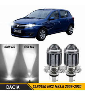 Dacia Sandero Mk2 Mk2.5 2009-2020 Mercekli Far Ampulü Led Xenon Beyaz Şimşek Etkili Led Uzun Kısa