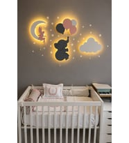 El Boyaması Ahşap 4'lü Pilli Ledli Gece Lamba Seti-Bebek Çocuk Odası-Yıldız Sticker Hediyeli