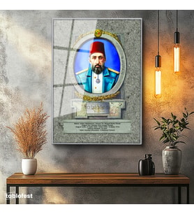 Gümüş Renk Metal Çerçeveli Tamperli Cam Tablo Sultan II Abdülhamid Portresi Osmanlı Tablosu Duvar Dekoru