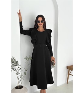 Neşeli butik kadın kol fırfırlı kemerli midi boy elbise NBK4309 (Siyah)