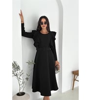 Neşeli butik kadın kol fırfırlı kemerli midi boy elbise NBK4309 (Siyah)