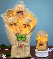 Led Işıklı Büyük Boy Peluş Ayıcık Buketi ve Led Işıklı Biblolu Fanus Hediye Seti (Model 6)