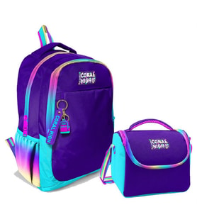 Coral High Kız Çocuk Üç Gözlü İlkokul ve Ortaokul Sırt Çantası+Beslenme - Rainbow Fermuarlı Mor
