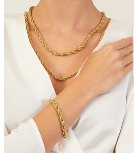 Altın Kaplama Kalın Burgu Unisex Çelik Kolye ve Bileklik Set