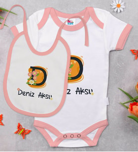 BK Kids Kişiye Özel Harfli Pembe Bebek Body Zıbın ve Mama Önlüğü Hediye Seti-1