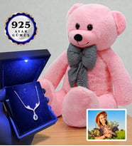 Size Özel Fotoğraflı Set Işıklı Kutusunda 925 Ayar Gümüş Kolye ve 80cm Pembe Ayıcık (Model 7)