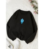 Unisex Su Avatar Baskılı Bisiklet Yaka Sweatshirt (Siyah)