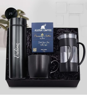 Kişiye Özel Siyah 500 ML Dereceli Termos & Siyah French Press & Alerya Premium Filtre Kahve & Siyah Mat Kupa Hediye Seti