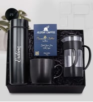 Kişiye Özel Siyah 500 ML Dereceli Termos & Siyah French Press & Alerya Premium Filtre Kahve & Siyah Mat Kupa Hediye Seti