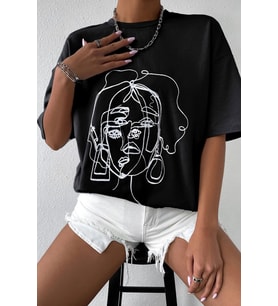 Unisex Woman one line Baskılı Tshirt (Siyah)