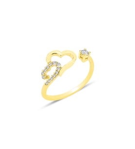 Gümüş altın yaldızlı zirkon taşlı üstten ayarlanabilir çift kalpler yüzük SGTL12243GOLD (Rose)