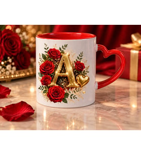 AION CASA A Harfli Kırmızı Gül Desenli Kalp Kulplu Kupa Bardak 325 ml