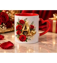 AION CASA A Harfli Kırmızı Gül Desenli Kalp Kulplu Kupa Bardak 325 ml
