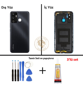 Infinix Hot 12 Play Siyah Uyumlu Lensli Arka Kapak + Yapıştırıcı ve Vida Seti Arka Cam Lazer Kesim