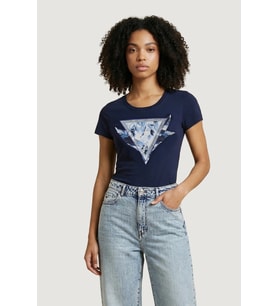 Guess Kısa Kollu Bisiklet Yaka Tüylü Üçgen Kadın Lacivert T-shirt W6GI11K3026-G7P1