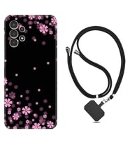 Samsung Galaxy M14 Kılıf Resimli Boyun Askılı İpli Desenli Silikon Black flowers 1391